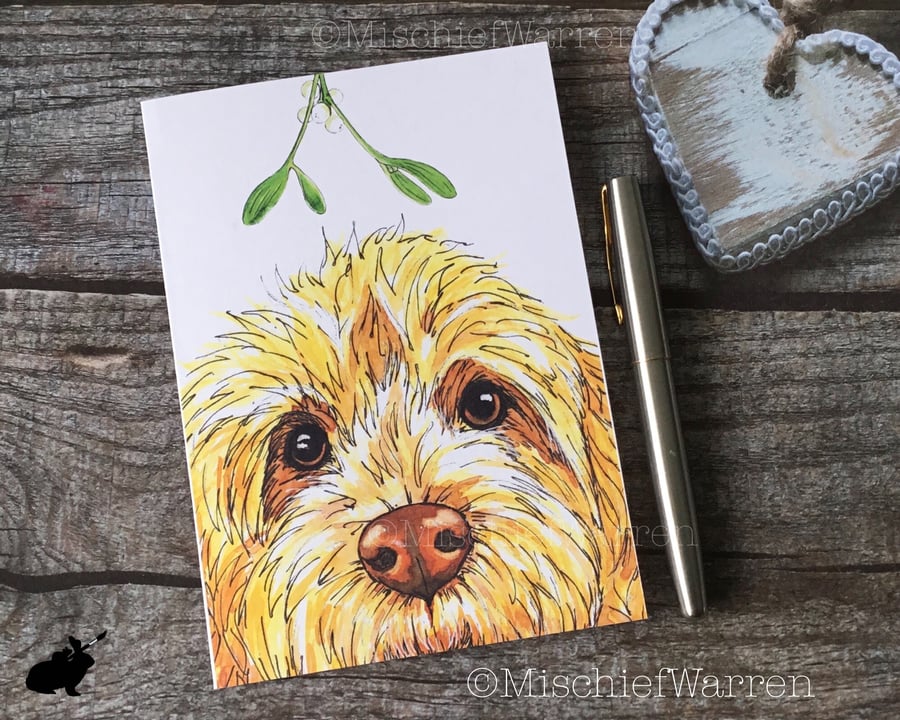 Cockapoo Christmas Card. Yellow Cockerpoo dog Christmas card.