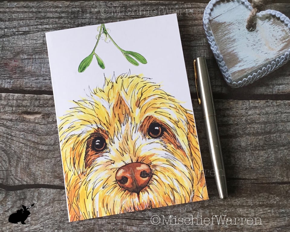 Cockapoo Christmas Card. Yellow Cockerpoo dog Christmas card.