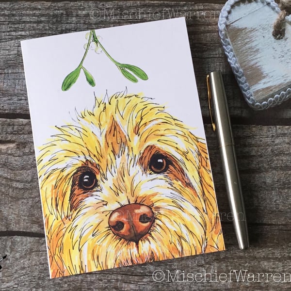 Cockapoo Christmas Card. Yellow Cockerpoo dog Christmas card.