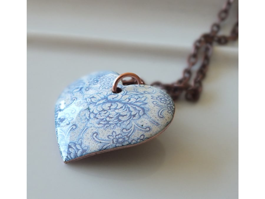 Pale blue and white heart, enamelled pendant