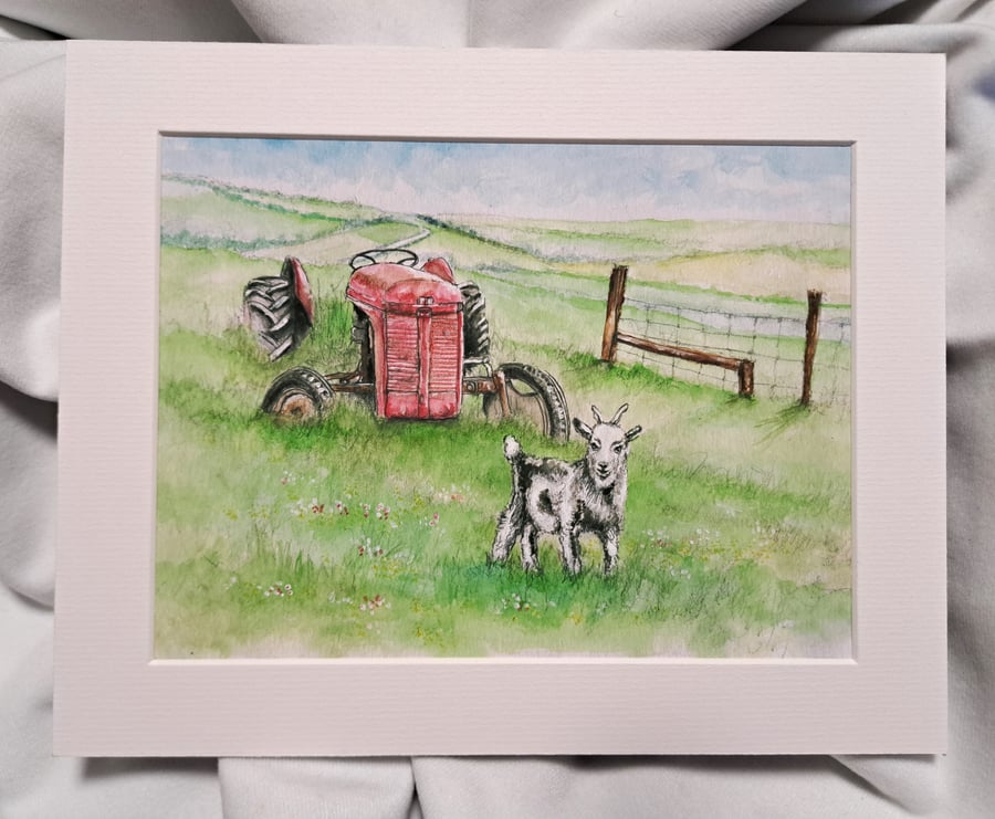 Watercolour print of a Southdowns Sussex Farm Goat