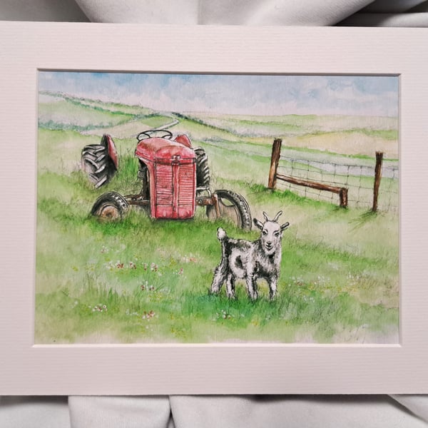 Watercolour print of a Southdowns Sussex Farm Goat