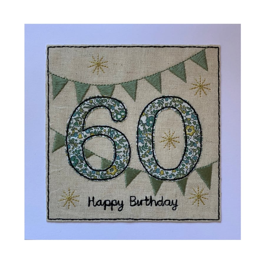 60th Birthday Card, Liberty Floral Card, Textile Age Card, 60 Bunting Card