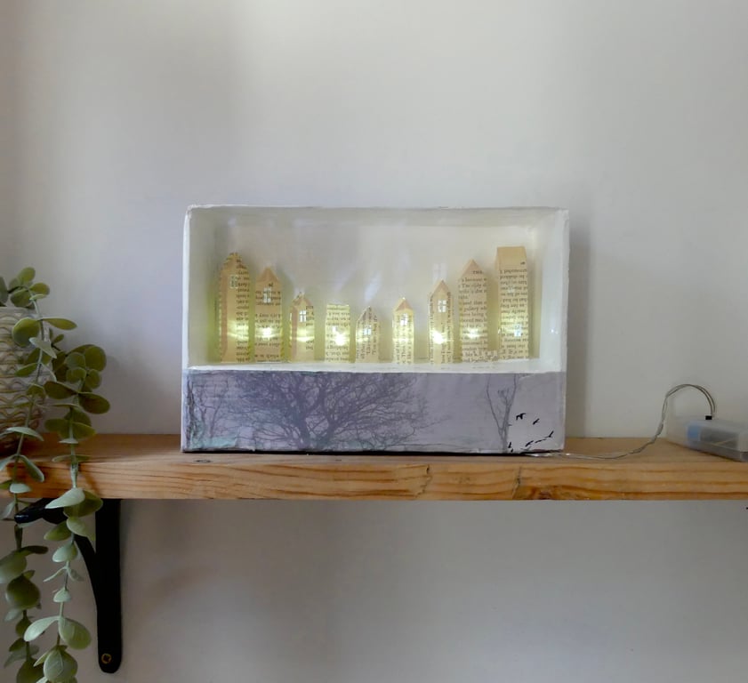 Light Up Paper City, Handmade Book Sculpture Lamp, Whimsical Bookshelf Diorama