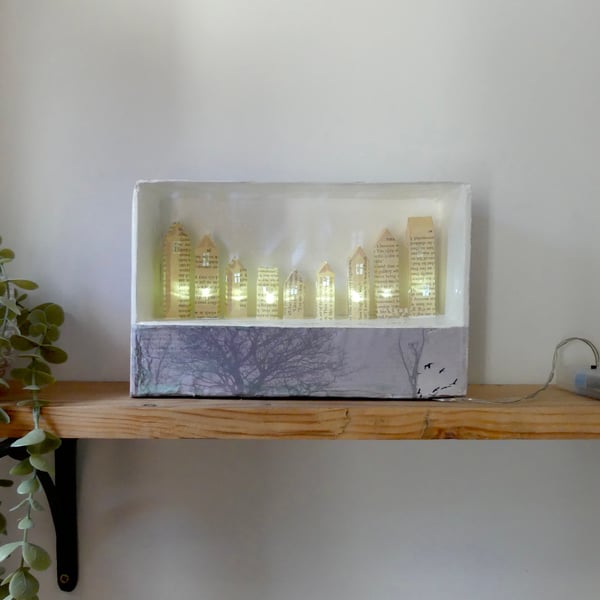 Light Up Paper City, Handmade Book Sculpture Lamp, Whimsical Bookshelf Diorama