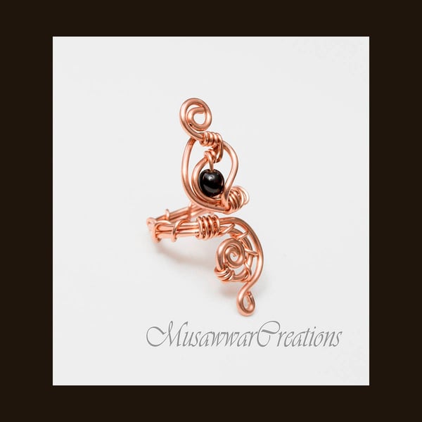 Black agate Wire wrapped shiny copper ring ,Adjustable copper ring, wire wrapped