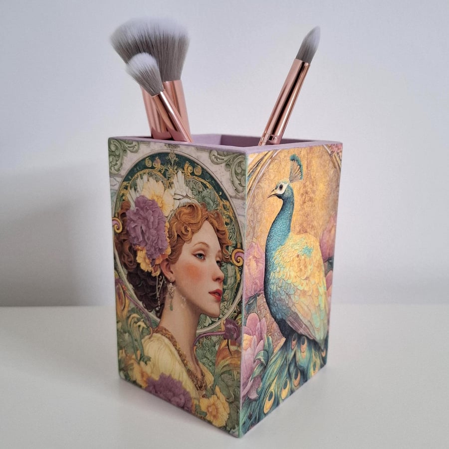 Decoupage Wooden Brush Pot, Vintage Art Nouveau Portrait, Makeup Storage