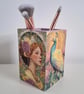 Decoupage Wooden Brush Pot, Vintage Art Nouveau Portrait, Makeup Storage