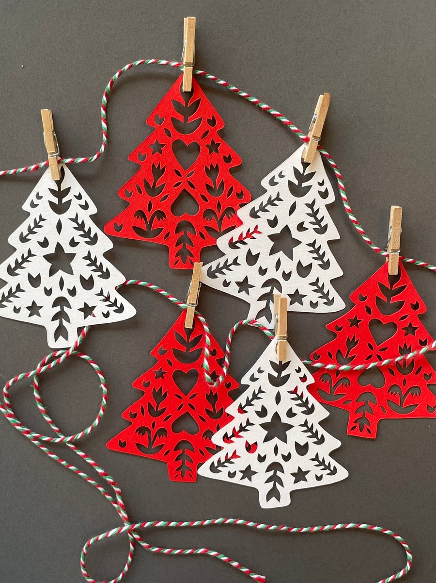 Christmas Tree Papercut Garland (Red and White)