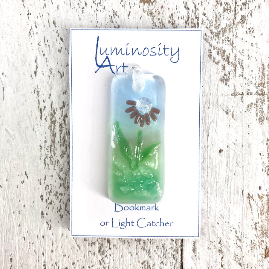 Glass Bookmark or Light Catcher with a Pink Daisy