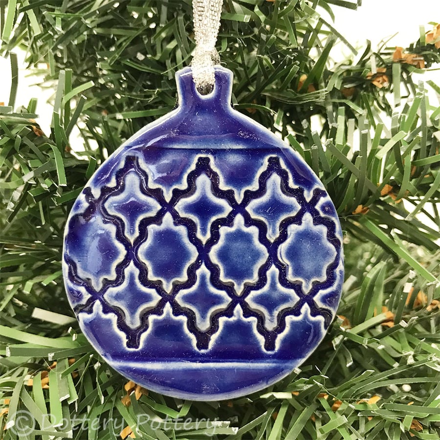 Pottery Bauble Christmas Decoration Royal Blue