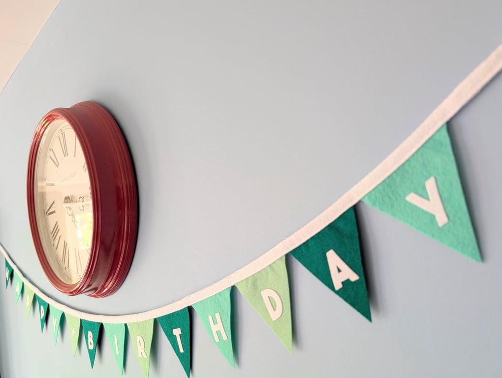 Felt Happy Birthday Bunting in Calming Sea Greens - Reusable Party Banner