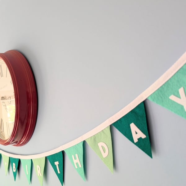 Felt Happy Birthday Bunting in Calming Sea Greens - Reusable Party Banner