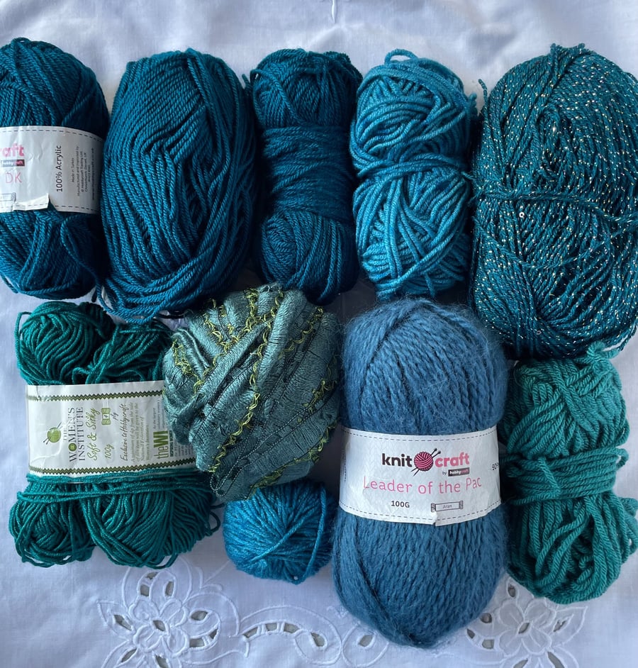 Blue Teal Yarn Bundle Mixed Dk Stash Busting Crochet Knitting Projects 