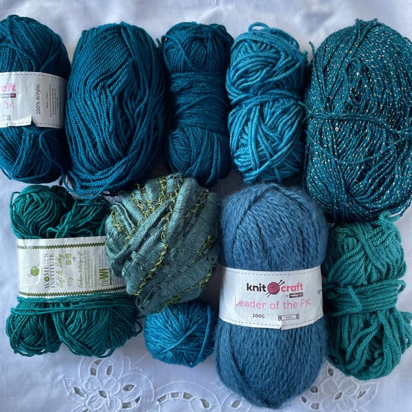 Blue Teal Yarn Bundle Mixed Dk Stash Busting Crochet Knitting Projects 