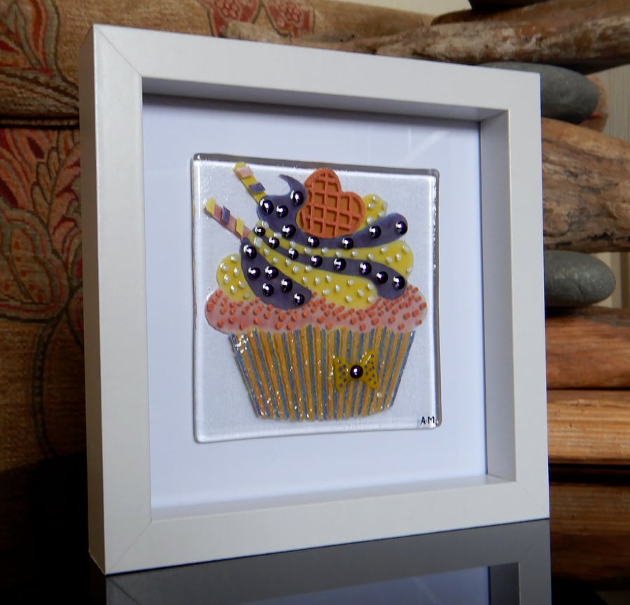 HANDMADE FUSED GLASS 'YELLOW CUPCAKE' PICTURE