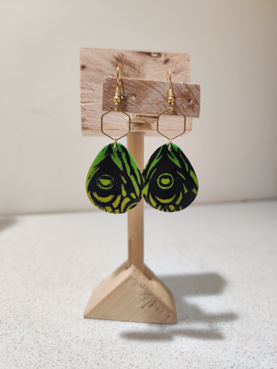 Peacock feathers polymer clay hook earrings