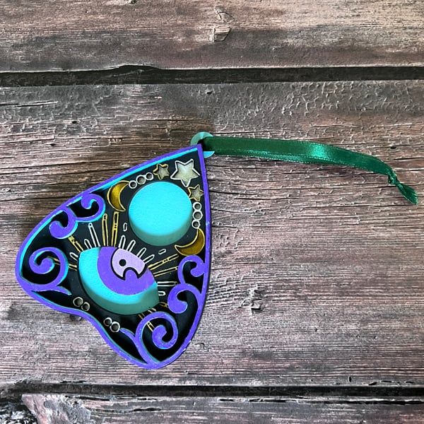 Handpainted Wooden Planchette Spooky Ornament Large Gift Tag