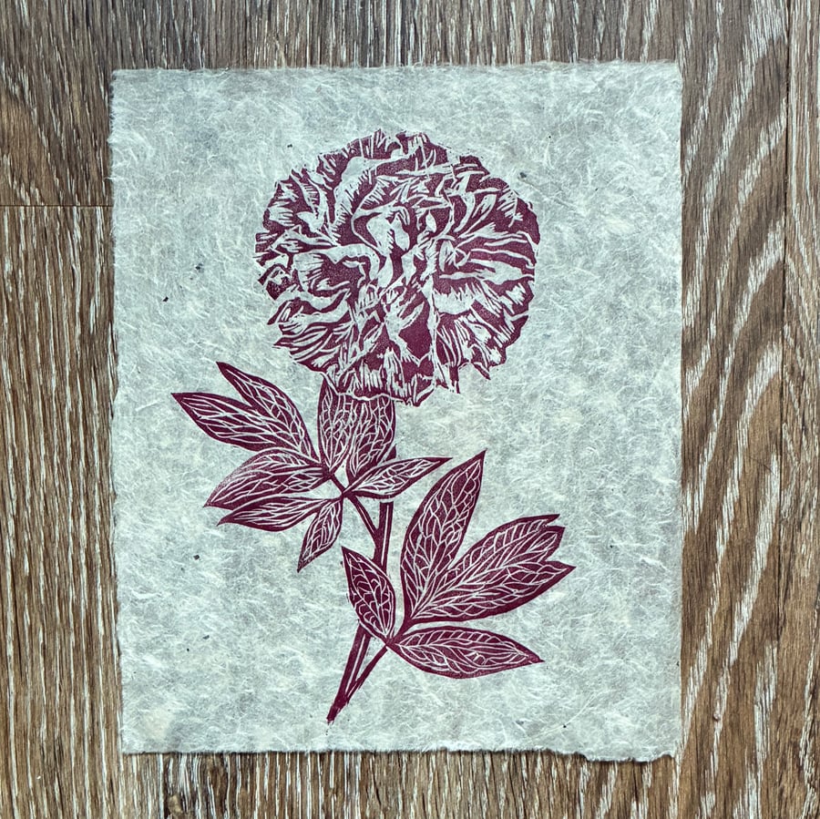 PERFECTLY IMPERFECT Deep red peony original linocut print