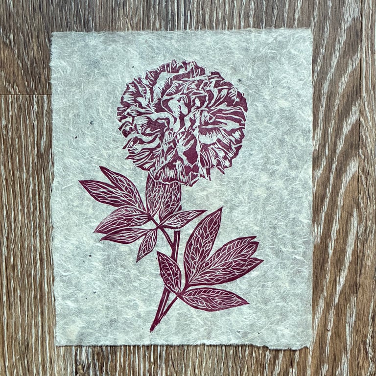 PERFECTLY IMPERFECT Deep red peony original linocut print