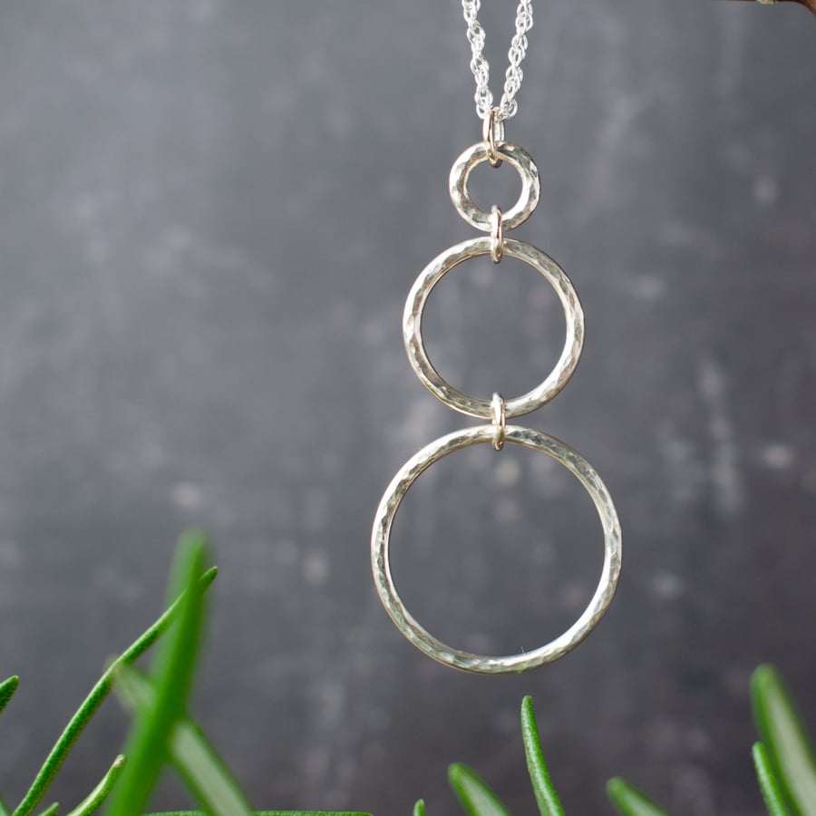 Sterling Silver Circles Pendant - Hammered Silver Hoops Necklace