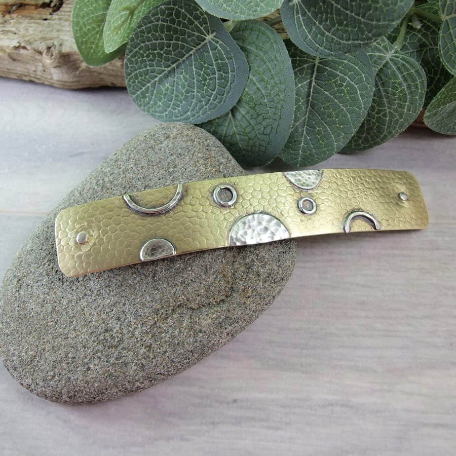 Hair Barrette, Long Brass Hair Slide with Abstract Circles