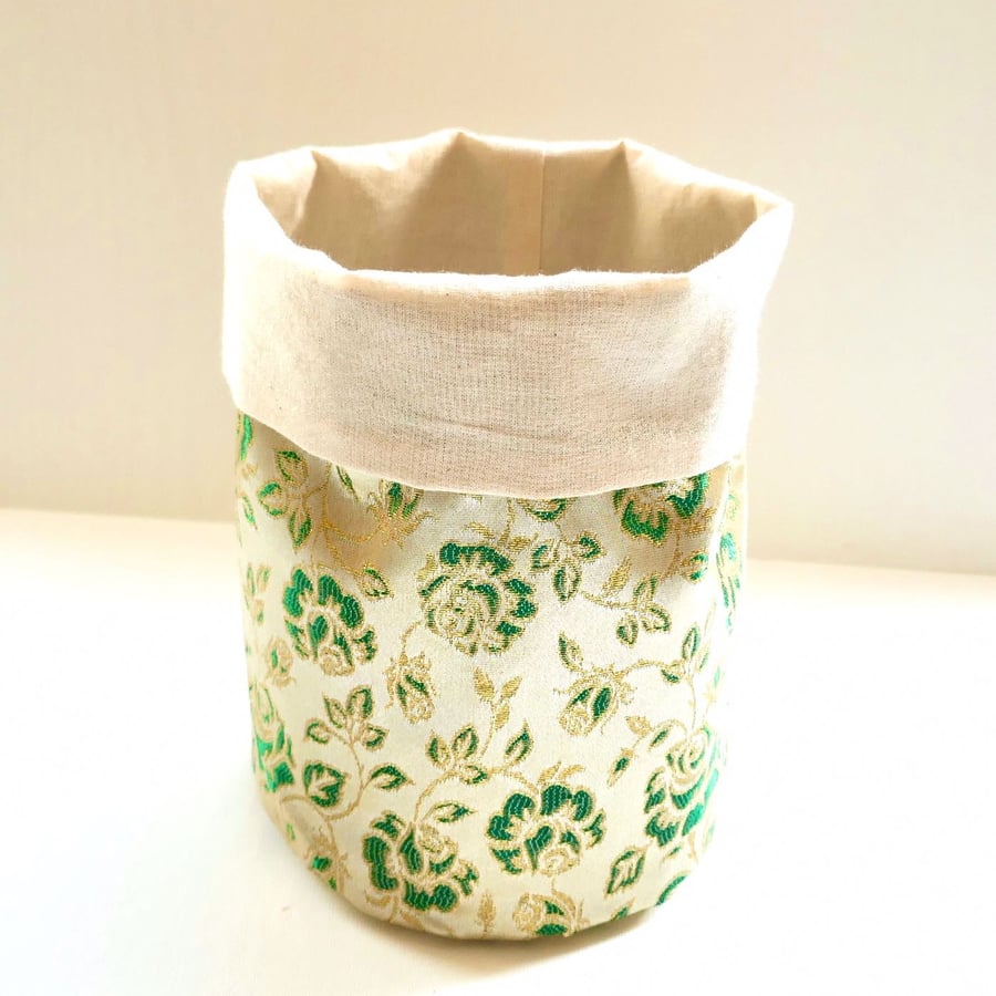 Fabric Tub Storage Basket -  Green Brocade 