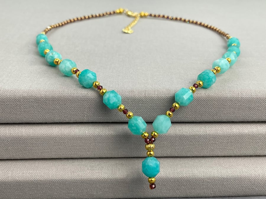 Elegant Amazonite & Garnet Gold Beaded Sweetheart Y Necklace