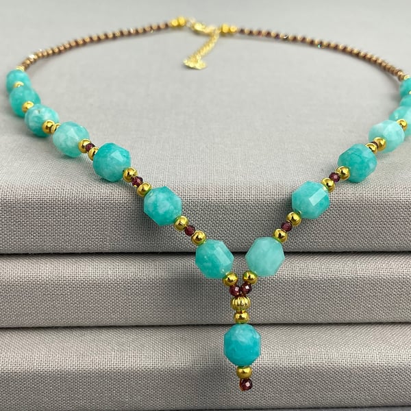 Elegant Amazonite & Garnet Gold Beaded Sweetheart Y Necklace