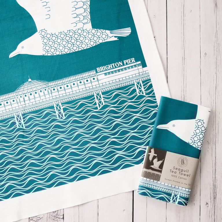 Teal Tea Towel Screen Printed Seagull Design Wall Art Hanger