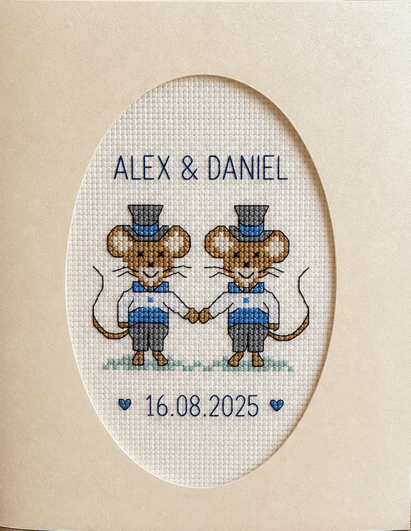 Personalised Gay Wedding Card, Handmade Cross Stitch , Groom & Groom Mice, 