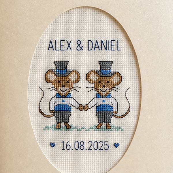 Personalised Gay Wedding Card, Handmade Cross Stitch , Groom & Groom Mice, 