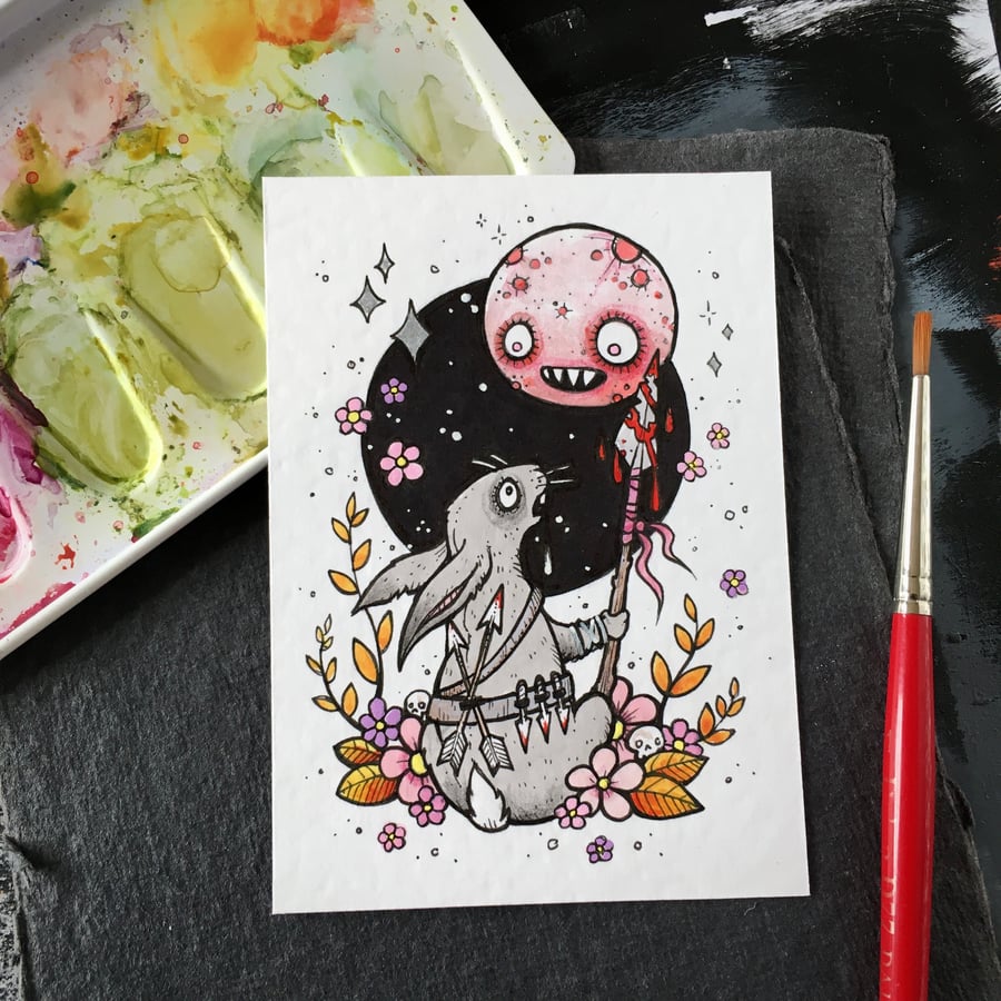 hunters moon gazing hare - inktober - original aceo