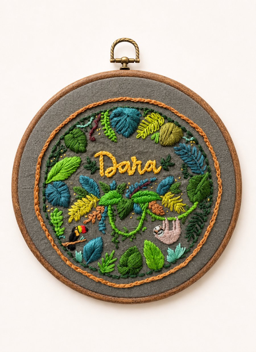 Personalised Hand-Embroidered Name Hoop - Jungle Safari Nursery Wall Art