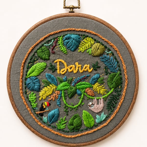 Personalised Hand-Embroidered Name Hoop - Jungle Safari Nursery Wall Art