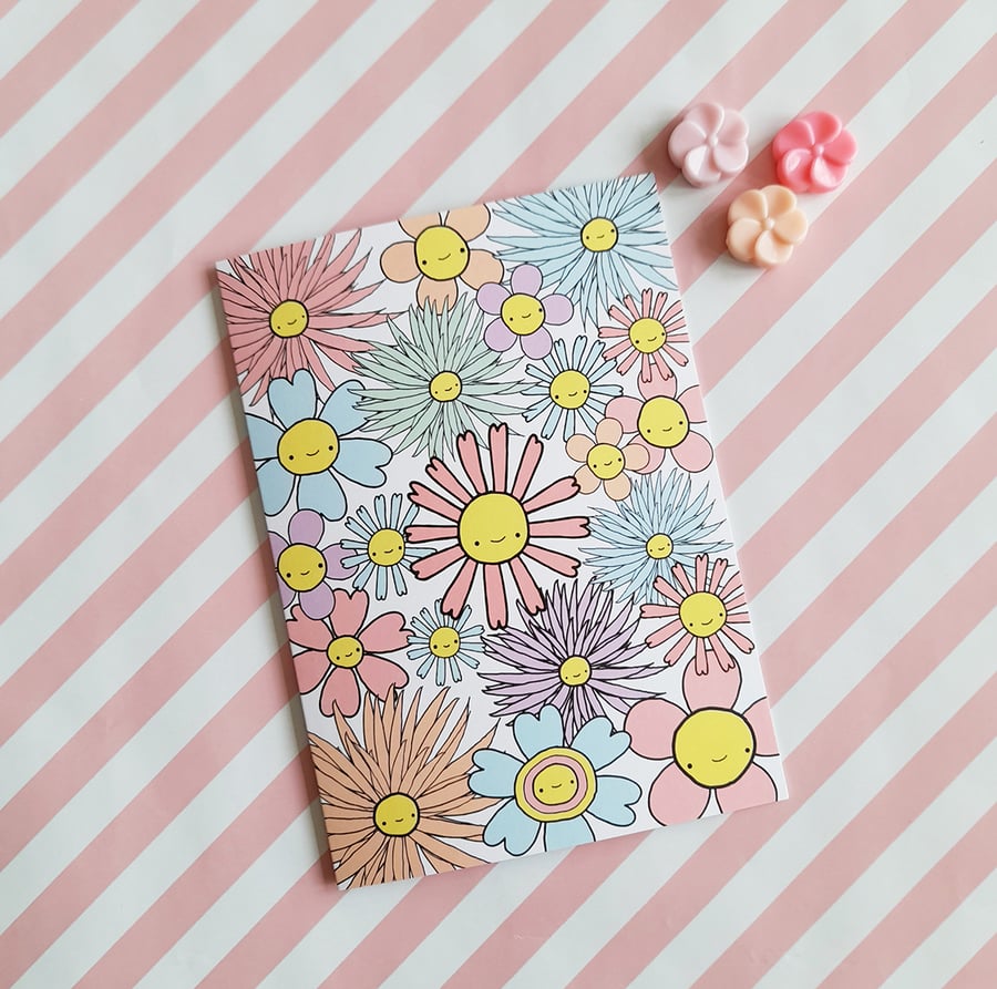 retro pastel flowers blank A6 greetings card - floral greetings card