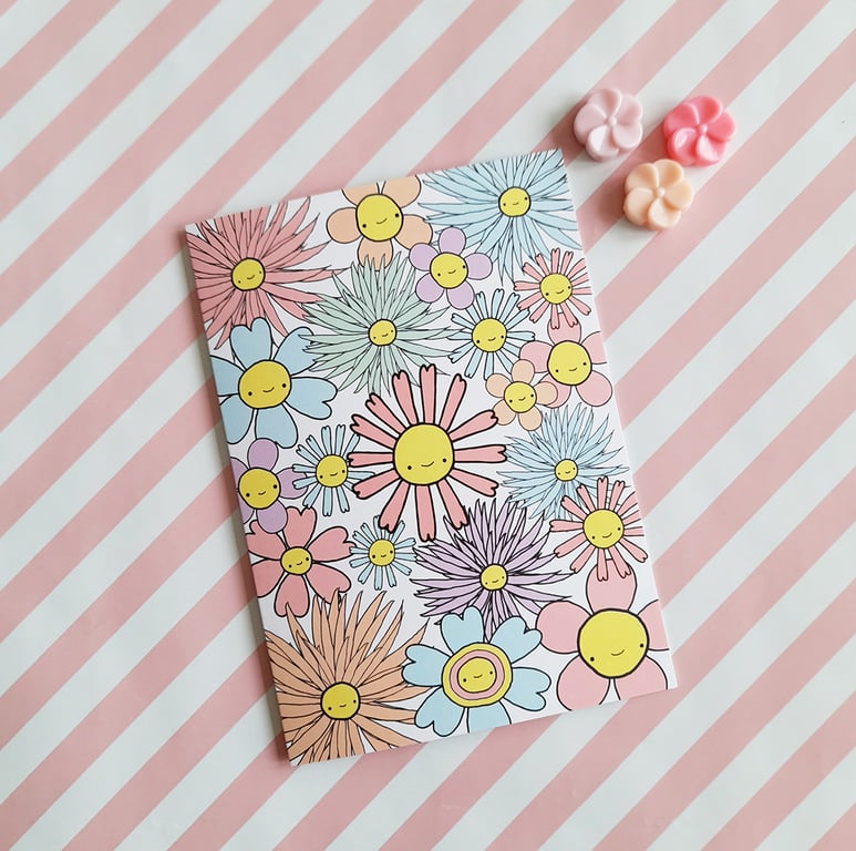 retro pastel flowers blank A6 greetings card - floral greetings card