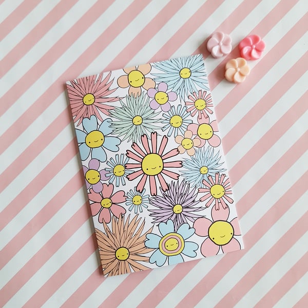 retro pastel flowers blank A6 greetings card - floral greetings card
