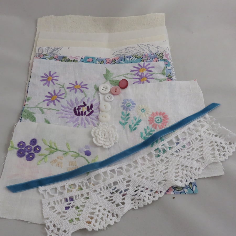 Inspiration pack including embroidered vintage linens - pink and blue