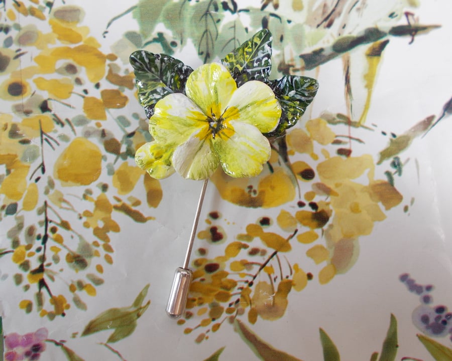 Spring Yellow PRIMROSE PIN Wedding Lapel Flower Brooch HANDMADE HAND PAINTED