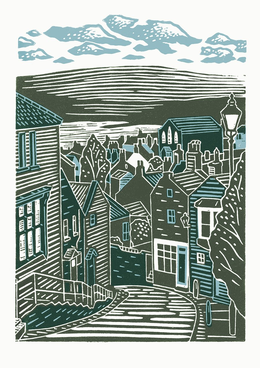 Robin Hood's Bay No.2 A3 poster-print (grey & light blue)