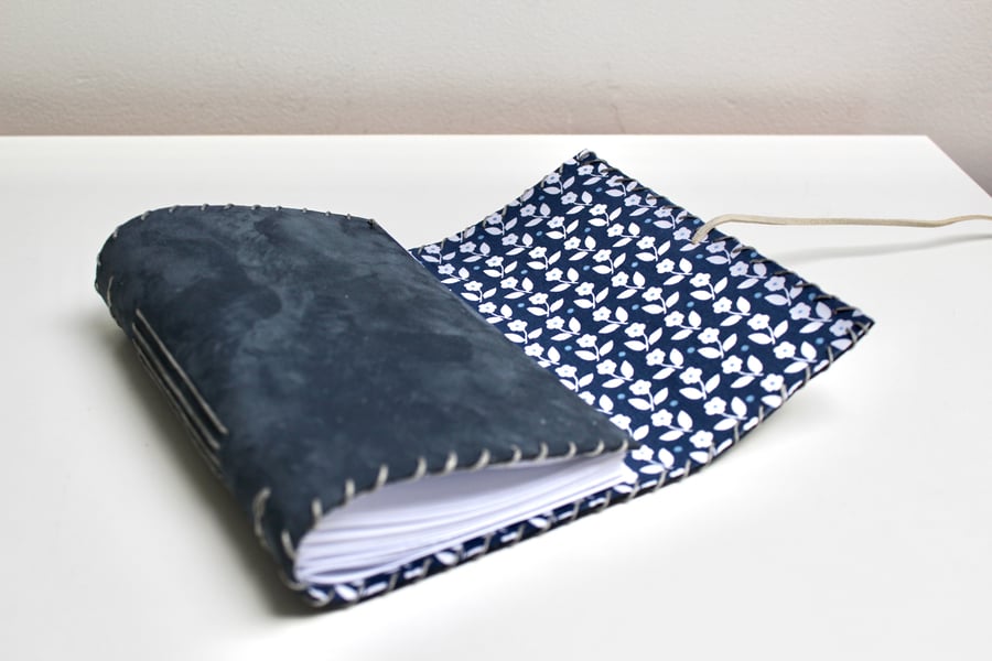 A6 Fold over Navy Leather handmade notebook floral fabric lining plain paper 