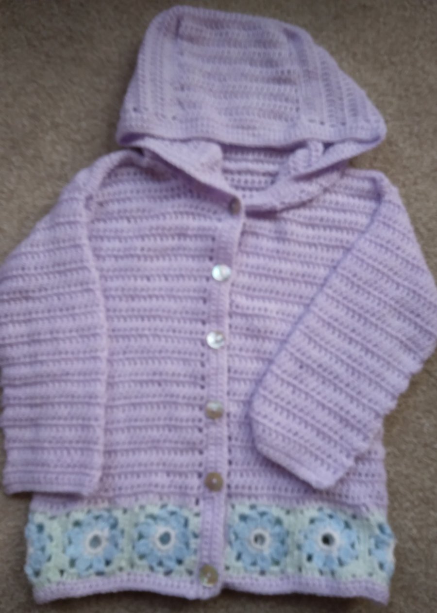 Crochet hoody, cardigan Lilac, age 2 to 3 yrs Handmade in supersoft baby acrylic