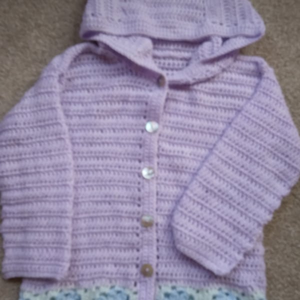 Crochet hoody, cardigan Lilac, age 2 to 3 yrs Handmade in supersoft baby acrylic