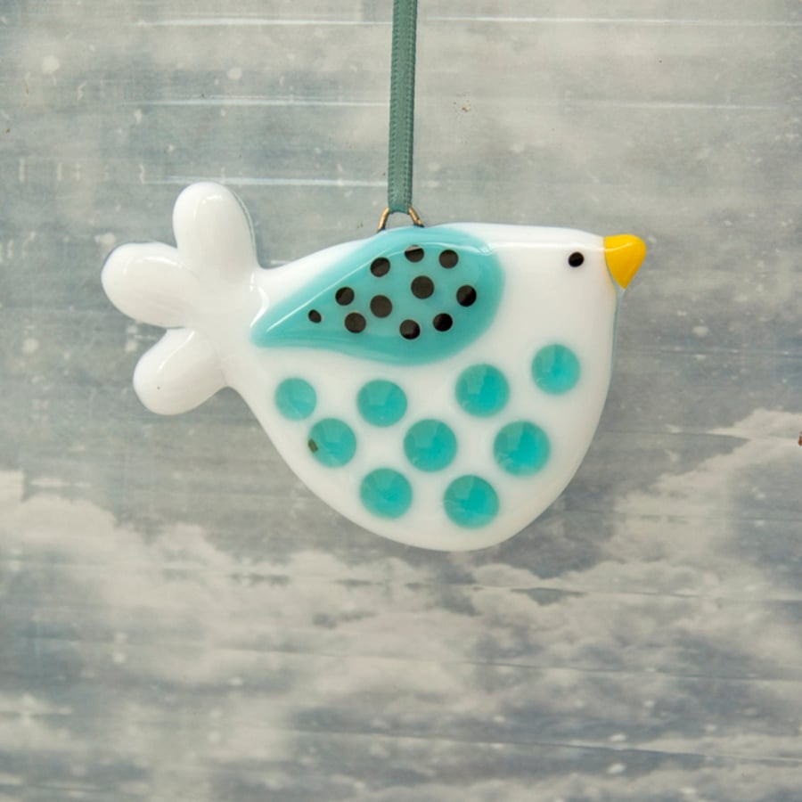 Fused Glass Little White and Turquoise Spotty Bird Decoration