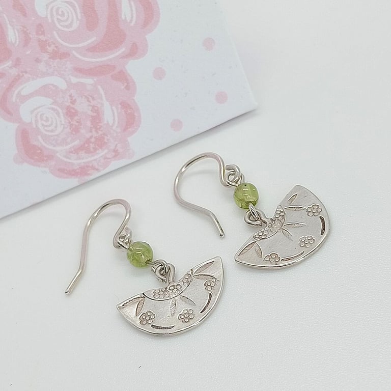 Peridot sterling silver earrings floral design gift for her August birthstone