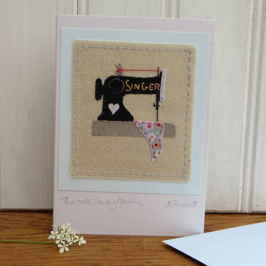 The Old Sewing Machine, intricately hand-stitched miniature textile on card