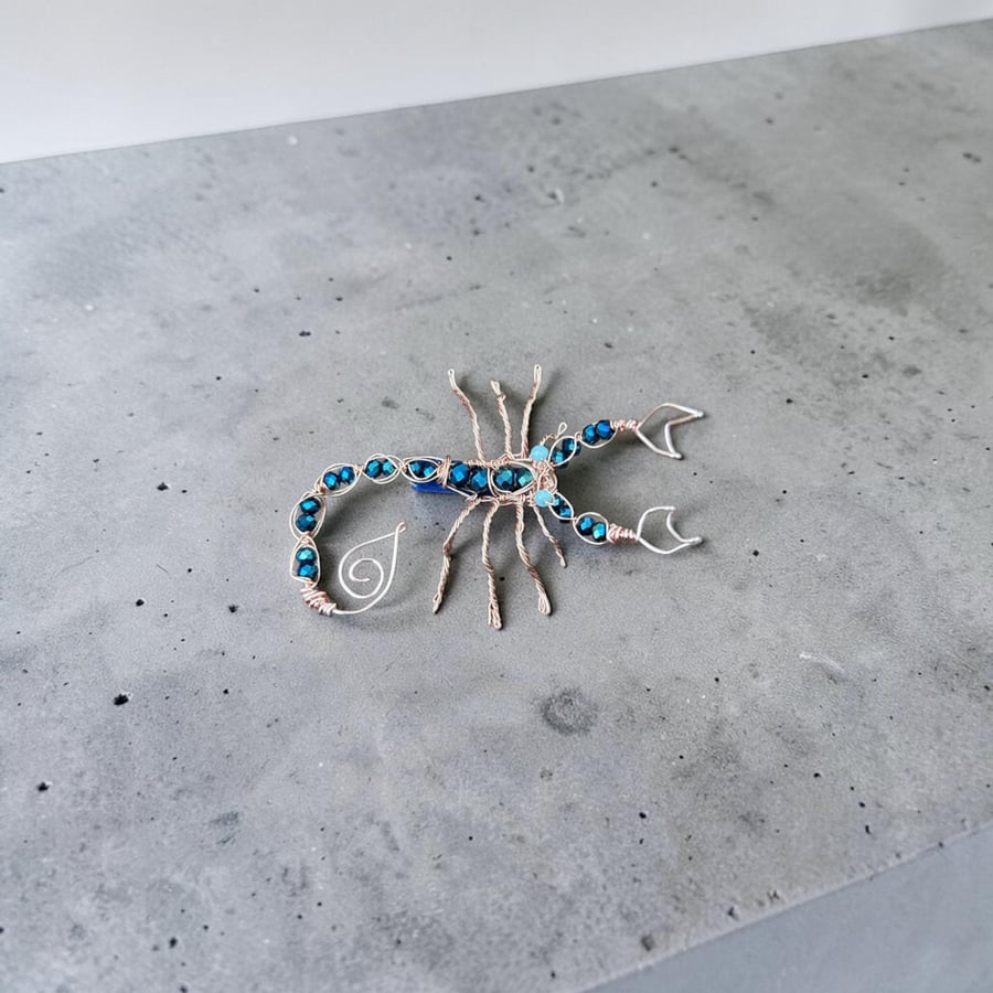Scorpion Brooch - Rose Gold & Blue Crystals 5.5cm