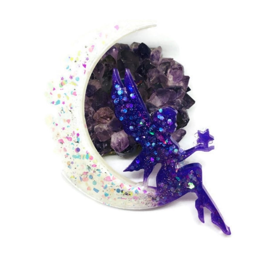 Moon and purple fairy sparkly hanging decoration