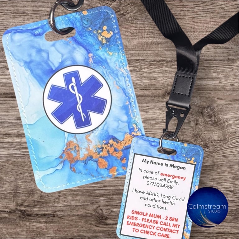 Custom Medical Alert Tag Faux Leather ICE ID, UK Emergency Symbol